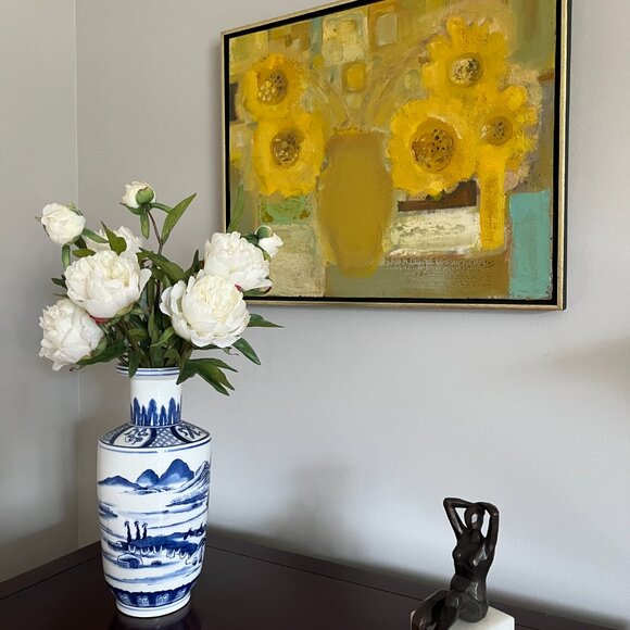 Mid Century Blue and White Porcelain Chinese Rouleau Vase With Rosewood Stand